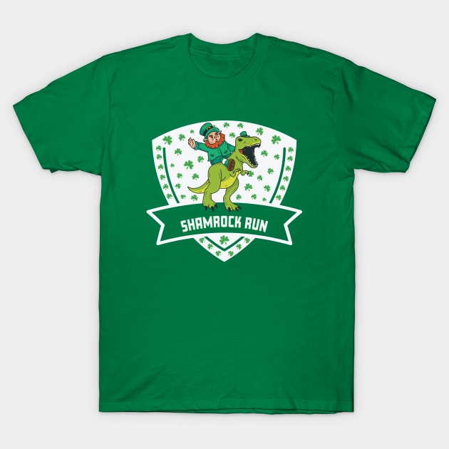 Shamrock Run Leprechaun Dinosaur Funny T-Shirt by Rosemarie Guieb Designs